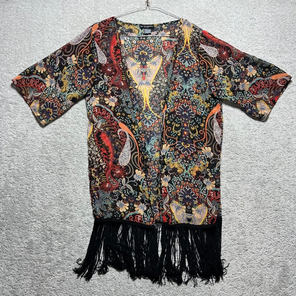 VINTAGE See You Monday Cardigan Womens M Paisley Fringe Kimono Black Multi Boho